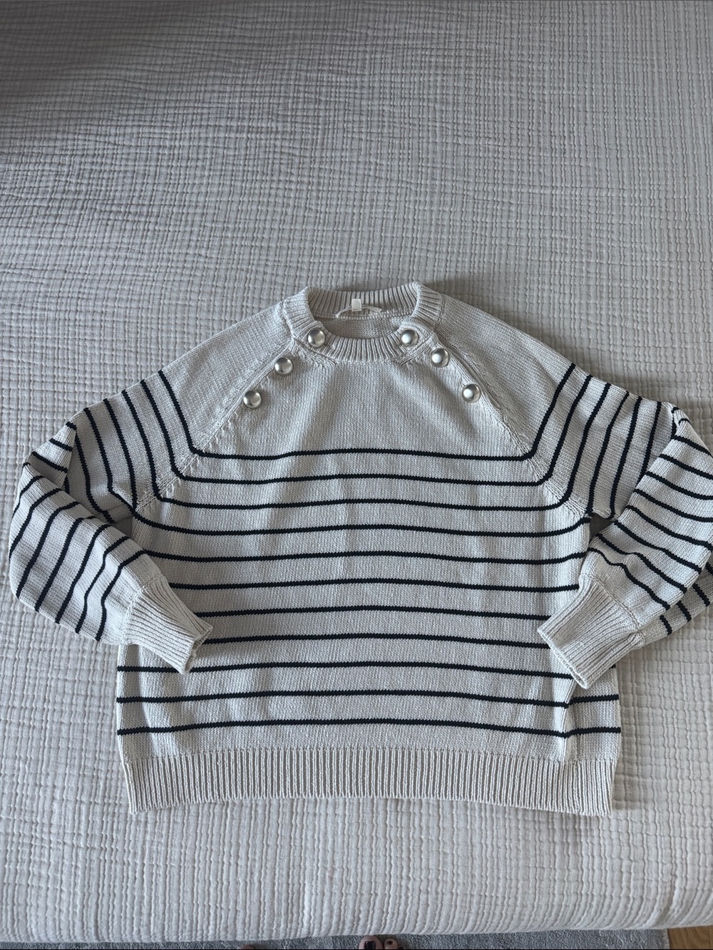 Sezane White Sweater with Black Stripes & gold Buttons